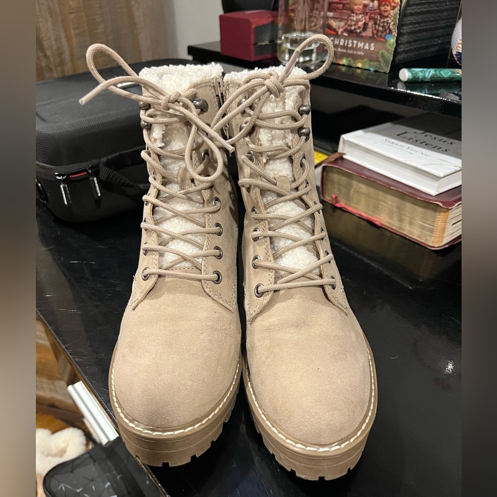 Women's Beige Lace-Up Boots